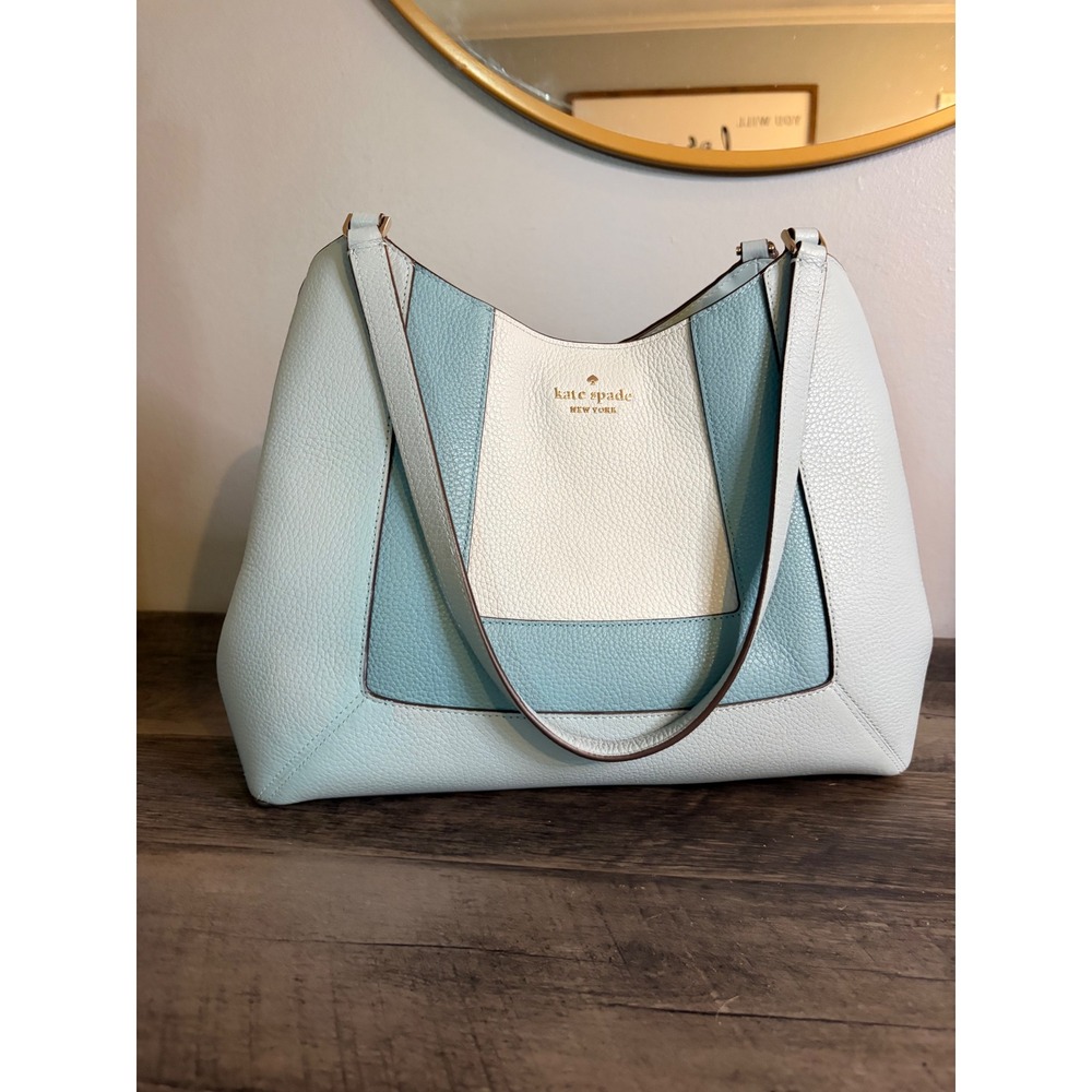 Kate Spade Blue White Colorblock Pebbled Leather Triple Compartment Shoulder Bag